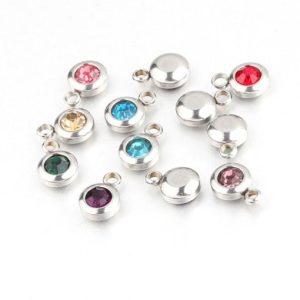 stainless steel high polish cubic zirconia round 2mm charm width: 6.3 mm, height : 9.5 mm