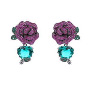 brass cubic zirconia blue flower luxury drop earring