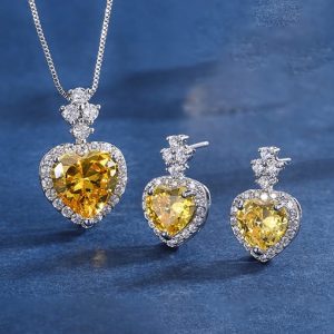 brass cubic zirconia luxury heart earring and necklace set