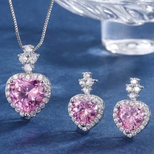brass cubic zirconia luxury heart earring and necklace set