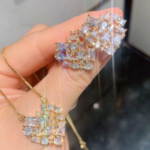 brass cubic zirconia luxury heart  earring and necklace set