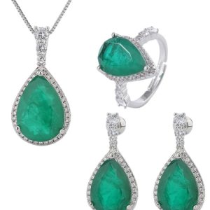 brass cubic zirconia vintage water drop earring ring and necklace set