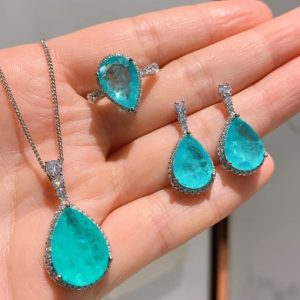brass glass stone luxury water drop  earring ring and necklace set