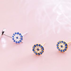 925 sterling silver cubic zirconia blue round dainty stud earring