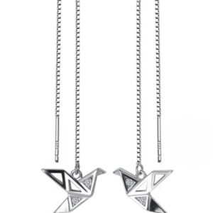 925 sterling silver with platinum plated simplistic  paper crane threader earrings and necklace