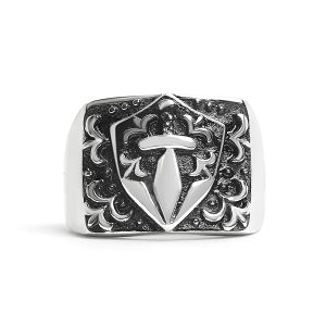 Stainless Steel Sword And Fleur De Lis Signet Ring / SCR2218