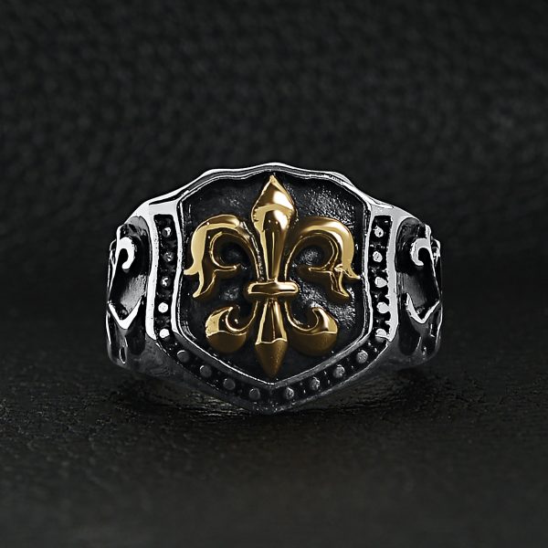 SCR4034-18K-Gold-Plated-Fleur-De-Lis-Detailed-Accents-Stainless-Steel-Ring-Lifestyle-Front.jpg