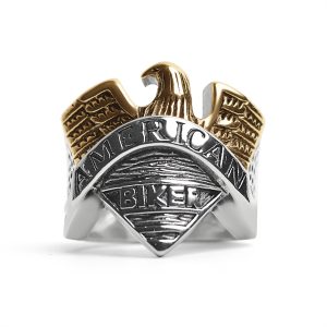 Stainless Steel "AMERICAN BIKER" With 18K Gold PVD Coated Eagle Ring / SCR4074
