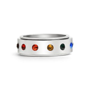 Stainless Steel Rainbow CZ Spinner Center Highly Polished Ring / SRJ0111