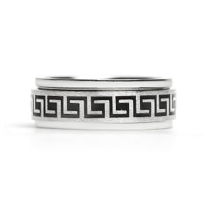 Stainless Steel Black Greek Key Spinner Center Polished Ring / SRJ2056