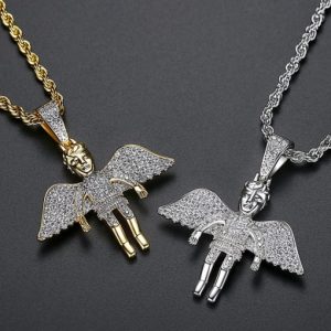 brass cubic zirconia wing hip hop necklace