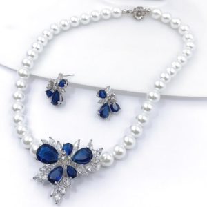 luxury flower brass cubic zirconia blue earring and necklace set