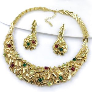 luxury irregular zinc alloy glass stone multi color earring and necklace set