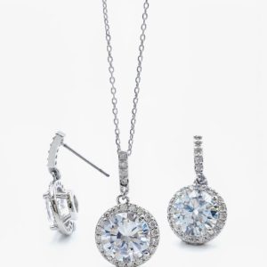 minimalist round brass cubic zirconia clear earring and necklace set