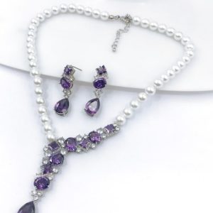 trend brass cubic zirconia purple earring and necklace set