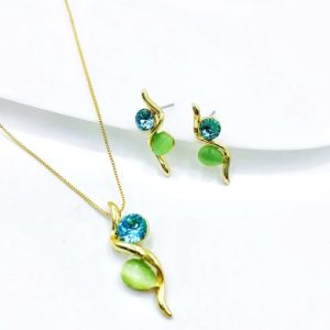 zinc alloy minimalist water drop cats eye green earring and necklace set