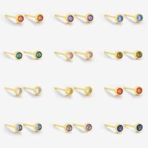 925 sterling silver birthstone round minimalist stud earring