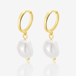 925 sterling silver freshwater pearl geometric minimalist huggie earring