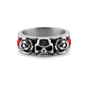 Stainless Steel Skull And Roses Red CZ Accent Ring / SCR3079